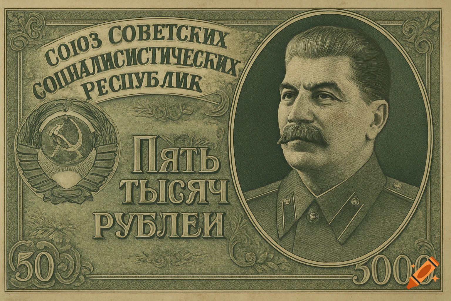 A stylized green banknote depicting Joseph Stalin's portrait, the Soviet emblem, and Cyrillic text for "Union of Soviet Socialist Republics" and "Five Thousand Rubles".