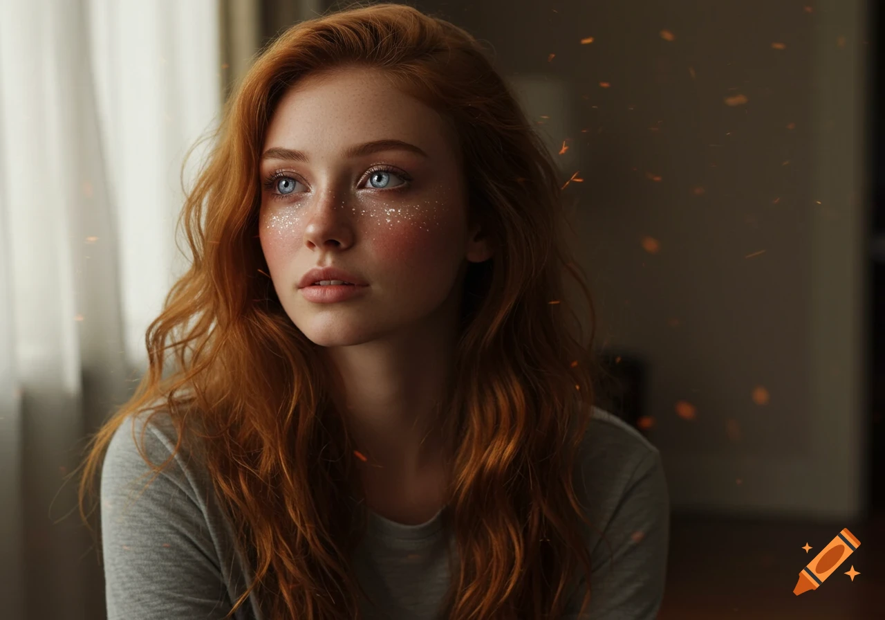Close-up photorealistic portrait of a red-haired woman with blue eyes, glitter makeup, and freckles, looking pensively.