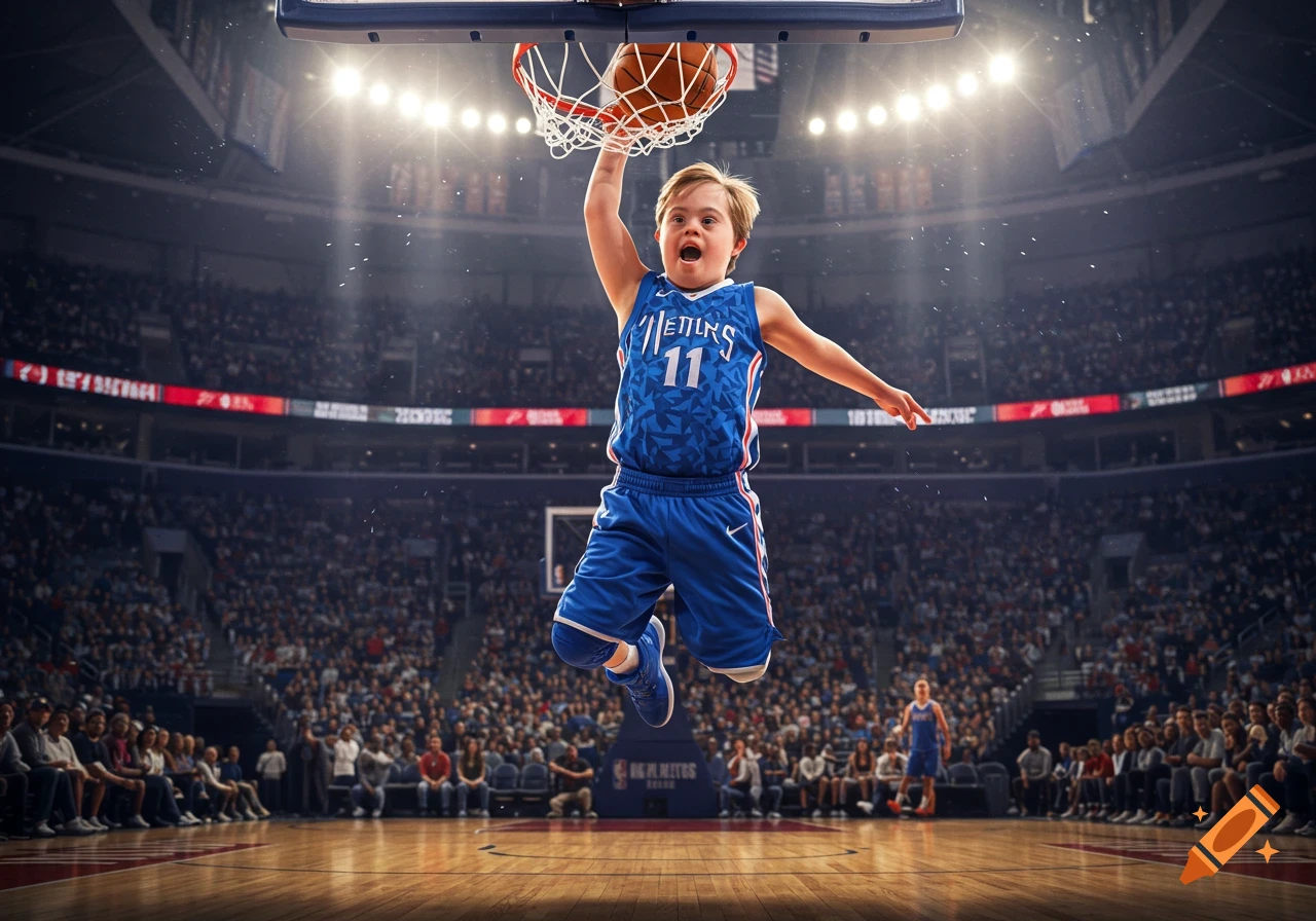 A young boy with Down syndrome wearing a blue basketball jersey with 'METTLERS 11' dunks a basketball in a crowded arena, photographed mid-air with an open mouth.