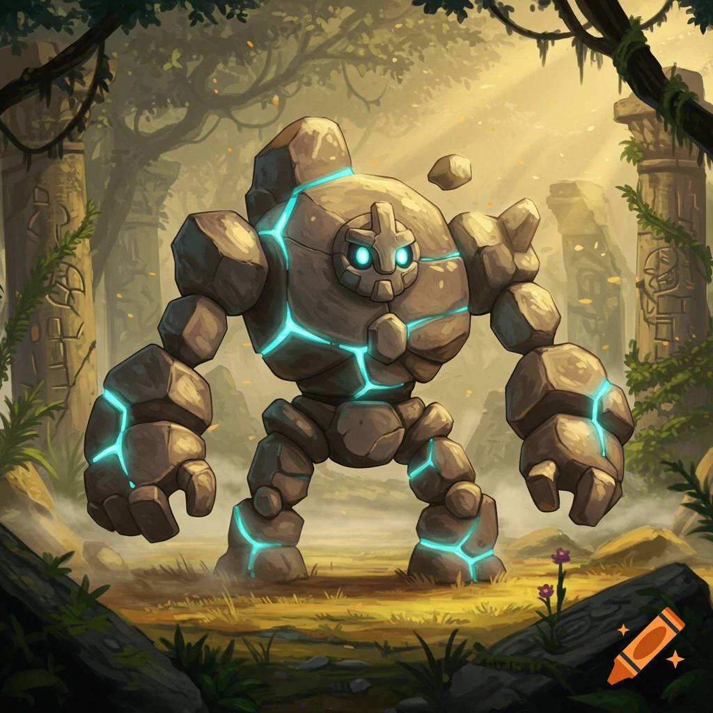 A stylized rock golem with glowing blue cracks stands in a sunlit, overgrown jungle clearing with ancient ruins.