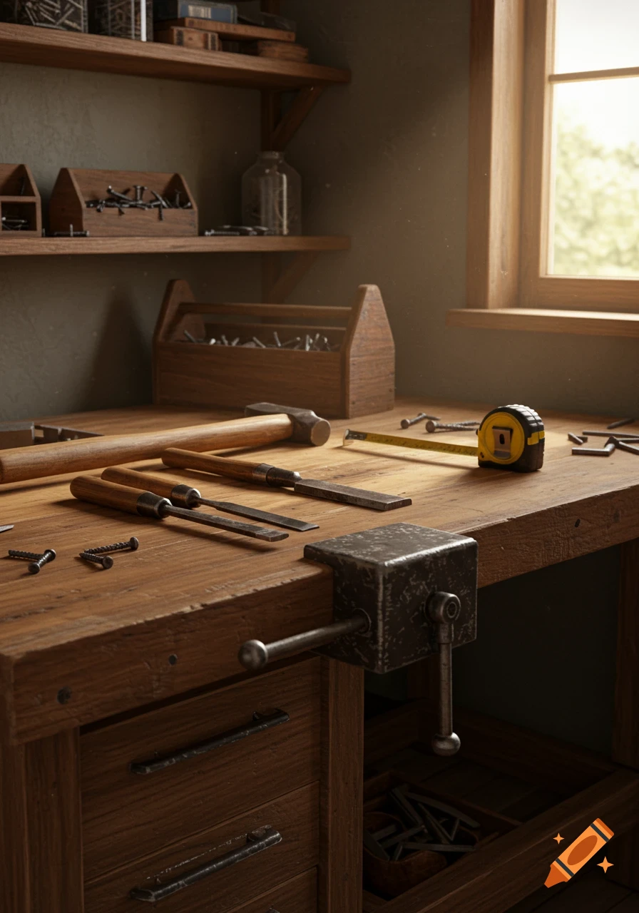 A rustic wooden workbench with a vise, hammer, chisels, tape measure, and screws. Shelves with more tools and a sunlit window are in the background.