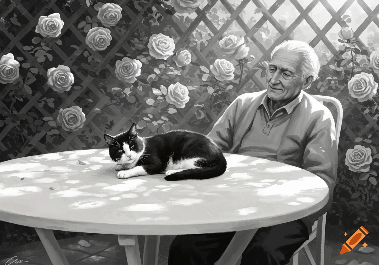 Black and white illustration of a cat on a table with an old man in a rose garden.