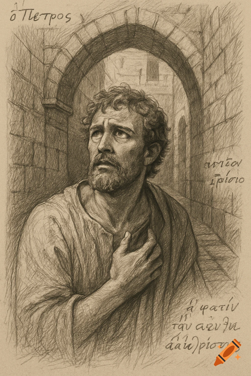 Pencil sketch of a man with curly hair and beard, in anguish, standing under a stone archway, with scribbled Greek text in the margins.