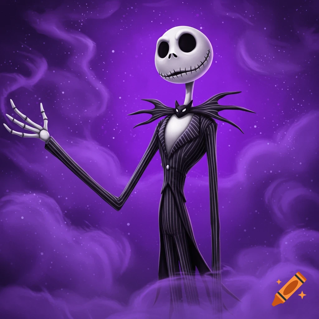 Illustration of Jack Skellington from The Nightmare Before Christmas, in his pinstripe suit, against a swirling purple background with starry specks.