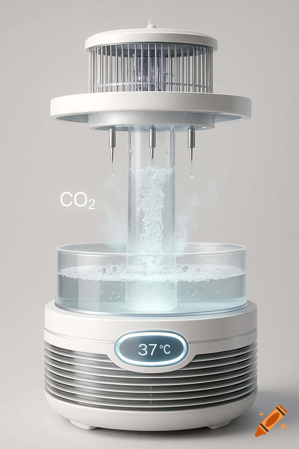 A sleek white futuristic device with a transparent liquid reservoir, glowing temperature display showing 37°C, and 'CO2' text.