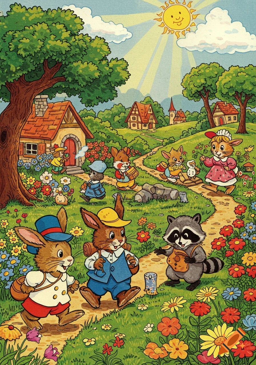 Classic storybook illustration of anthropomorphic animals like rabbits and a raccoon walking through a sunny, flowery landscape with houses.