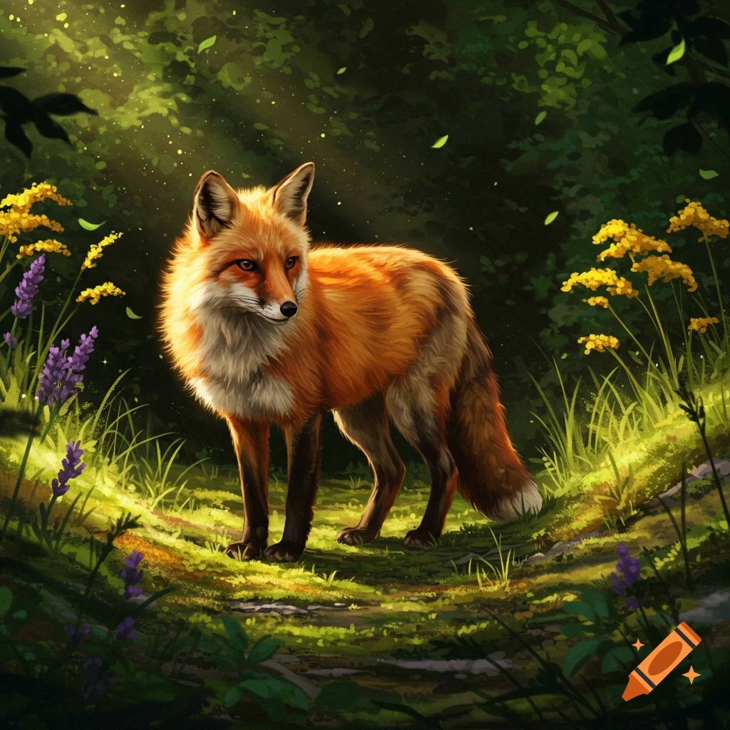 A vibrant illustration of a red fox with white chest fur standing in a sunlit forest, surrounded by green foliage and purple and yellow flowers.