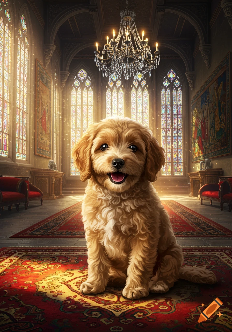 A cute, fluffy golden puppy sits smiling on a red ornate rug in a grand castle hall with stained glass windows and a chandelier.