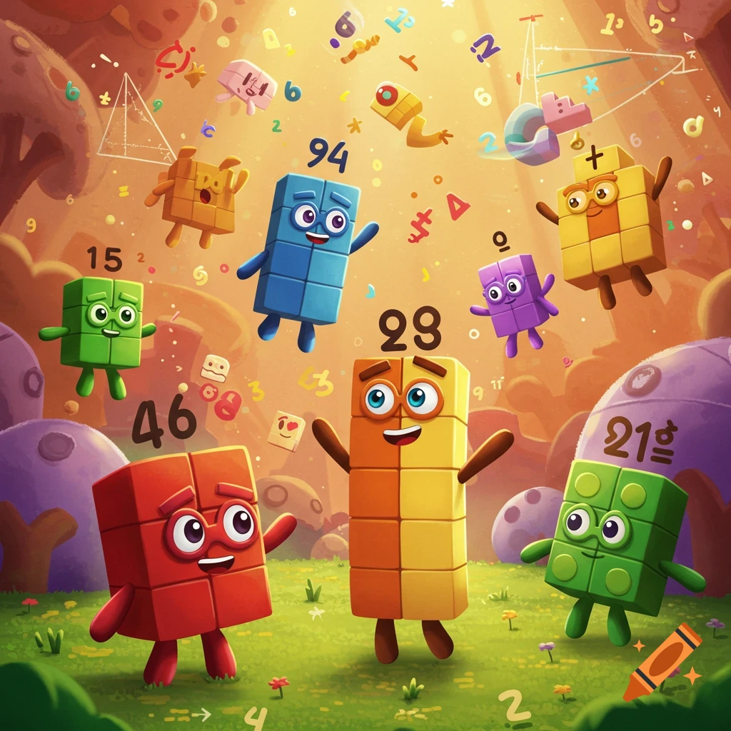 Cartoon number block characters with faces and limbs float and stand in a colorful, whimsical landscape with numbers.