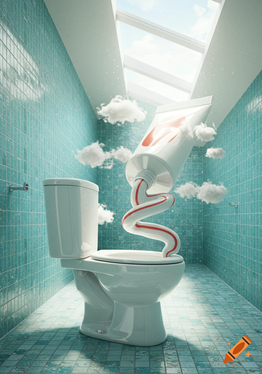 Giant toothpaste tube squirts striped paste into a toilet in a surreal tiled bathroom with a skylight and clouds.