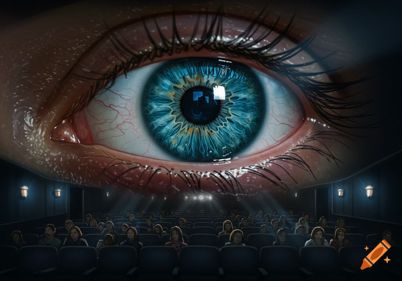 A large, detailed blue eye dominates the top of a cinema screen, watching an audience seated below in a dark theater.