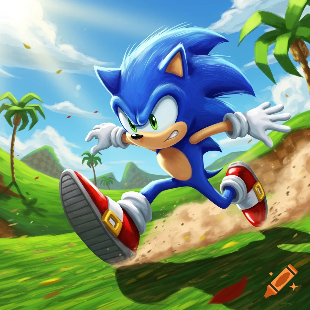 Sonic the Hedgehog running vigorously through a lush green landscape with palm trees under a blue sky, in a vibrant illustration style.