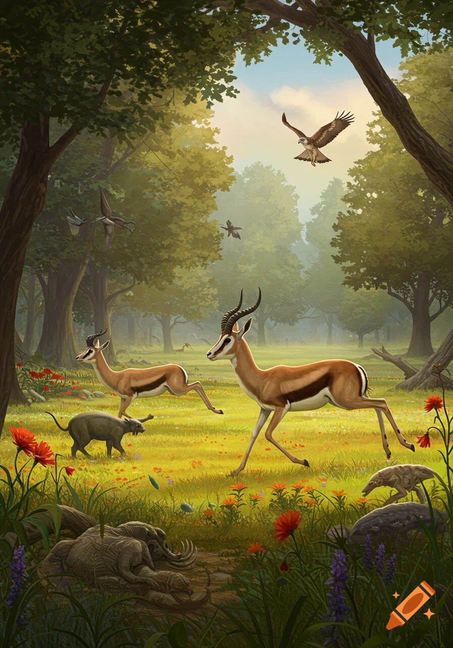 Two gazelles run through a sunlit, green forest clearing with red and purple flowers, birds, and other creatures. Illustrated.
