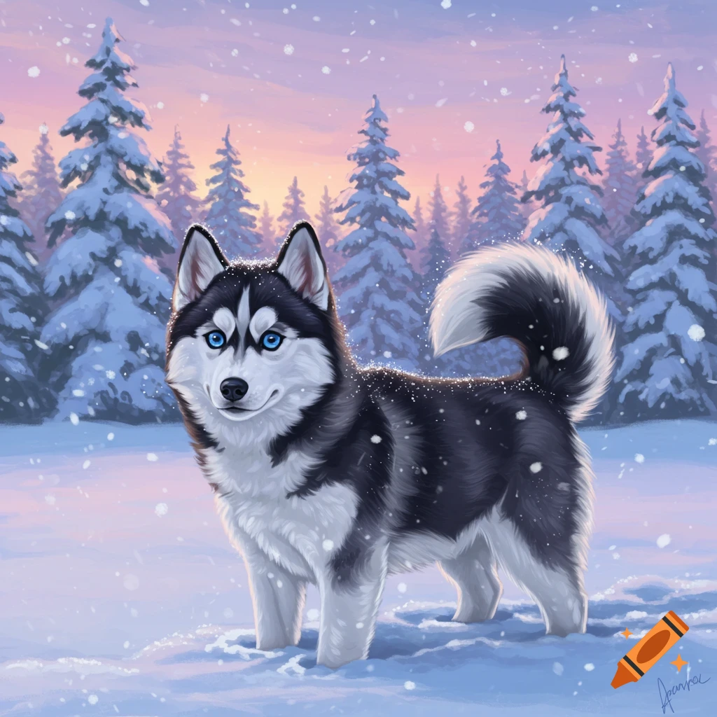 An illustrative depiction of a cute black and white husky with blue eyes standing in a snowy forest at sunset.