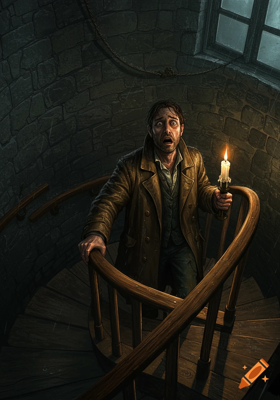 A scared man with wide eyes climbs a dark, winding stone staircase, holding a flickering candle in a gloomy tower.