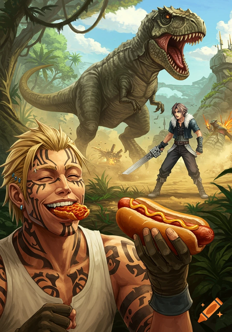 Anime-style illustration of Zell from Final Fantasy 8 eating a hotdog as Squall fights a T-Rex in a jungle.