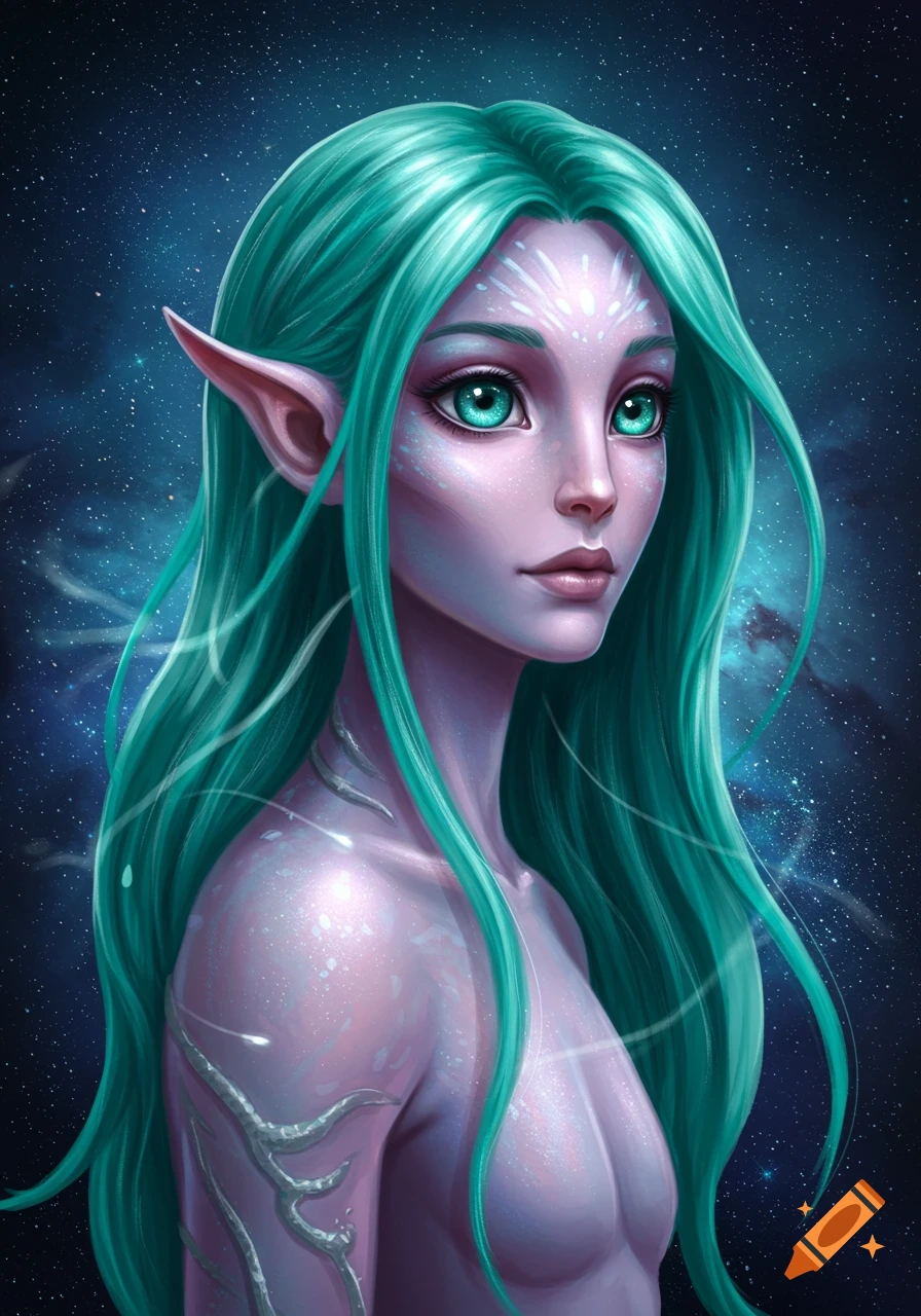 A fantasy portrait of an alien woman with teal hair, periwinkle skin, and pointed ears against a starry cosmic background.