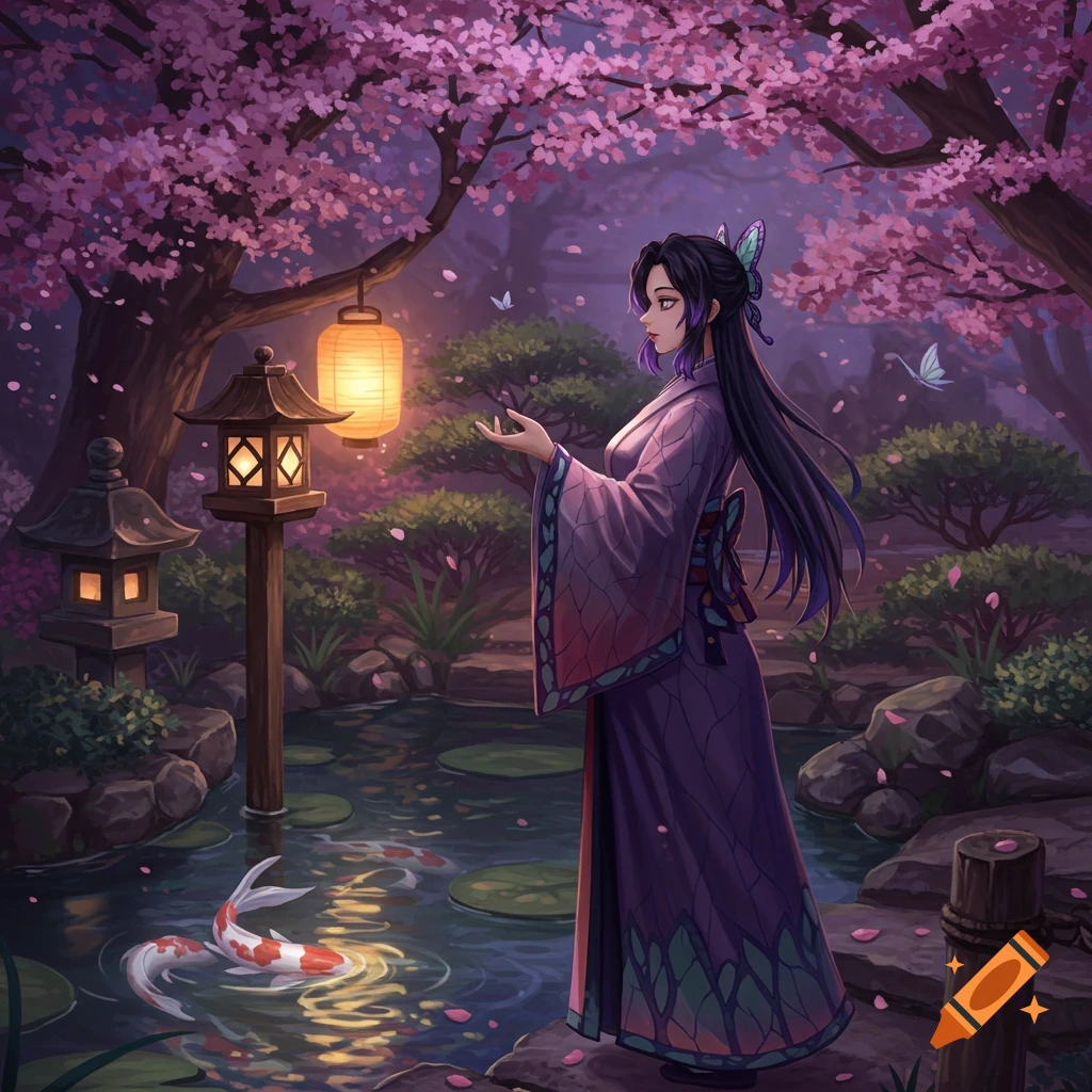 An anime girl in a purple kimono stands in a cherry blossom Japanese garden with a pond, koi fish, and glowing lanterns.