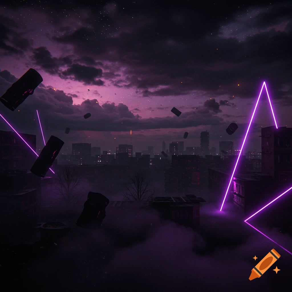 Dark urban night with purple clouds, floating objects, and glowing neon purple lights.