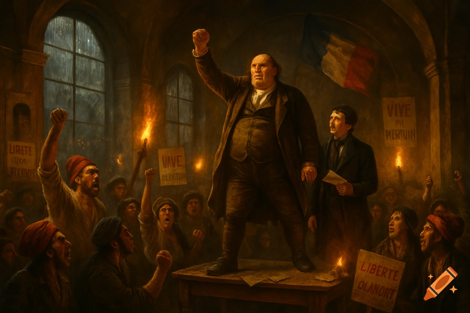 A dramatic painting of a large man standing on a table, arm raised, addressing an angry crowd with torches and flags in a dimly lit hall.