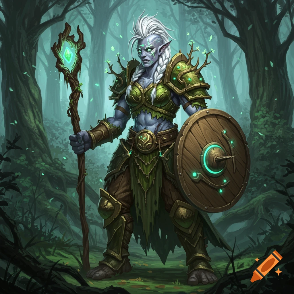 A pale blue-skinned female goliath druid with a white mohawk, green thorny armor, glowing staff, and wooden shield in a dark forest.