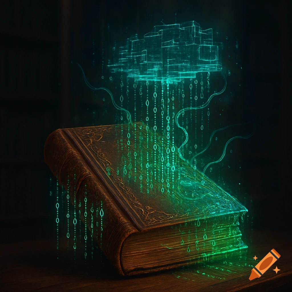 An ornate ancient book glows green with emanating digital binary code, forming a geometric cloud above it.