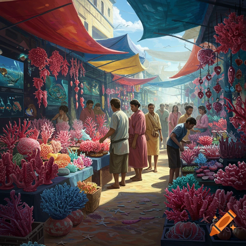 A vibrant marketplace bustles with people browsing stalls laden with colorful corals and marine decorations under sunny awnings, in a painterly style.