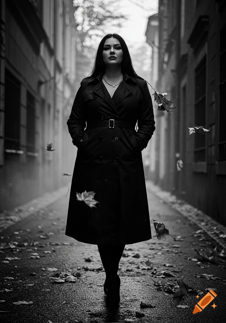 A black and white full-body portrait of a woman in a trenchcoat walking down a narrow, wet alley with fallen leaves.