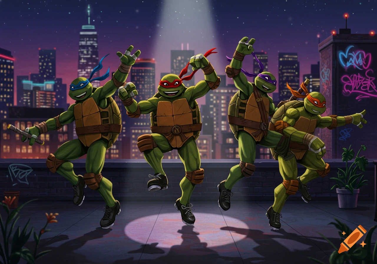 Leonardo, Raphael, Donatello, and Michelangelo from TMNT tap dance on a city rooftop at night, with a bright city skyline in the background.