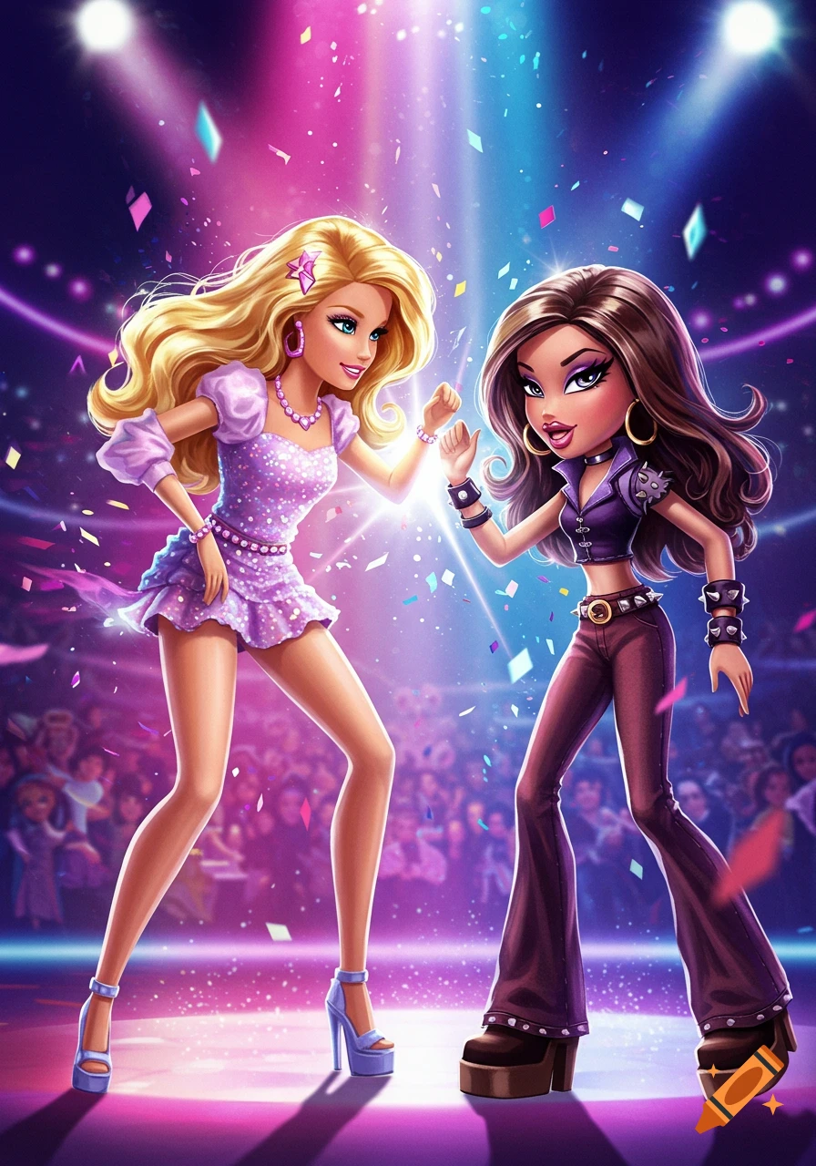 Vibrant cartoon illustration of Barbie and a Bratz doll facing off on a lit stage with confetti and a crowd.