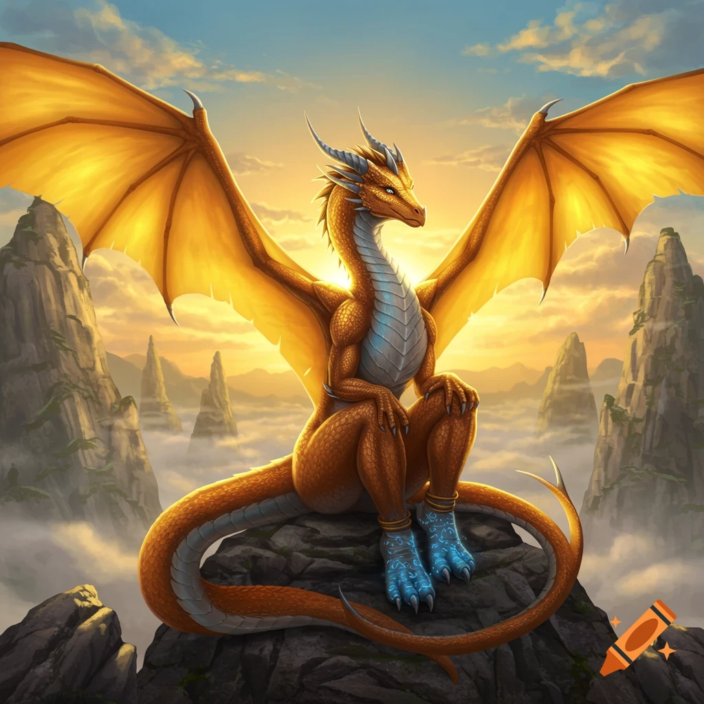 A golden-orange dragon with large wings and blue feet resembling socks sits on a rocky mountain peak above clouds during sunset.
