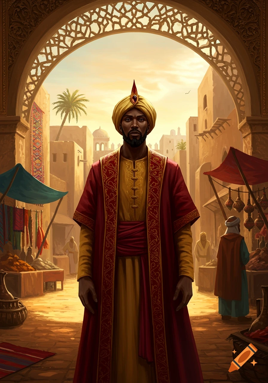 A proud man in a red and gold robe and yellow turban stands under a decorative archway in a bustling desert marketplace.