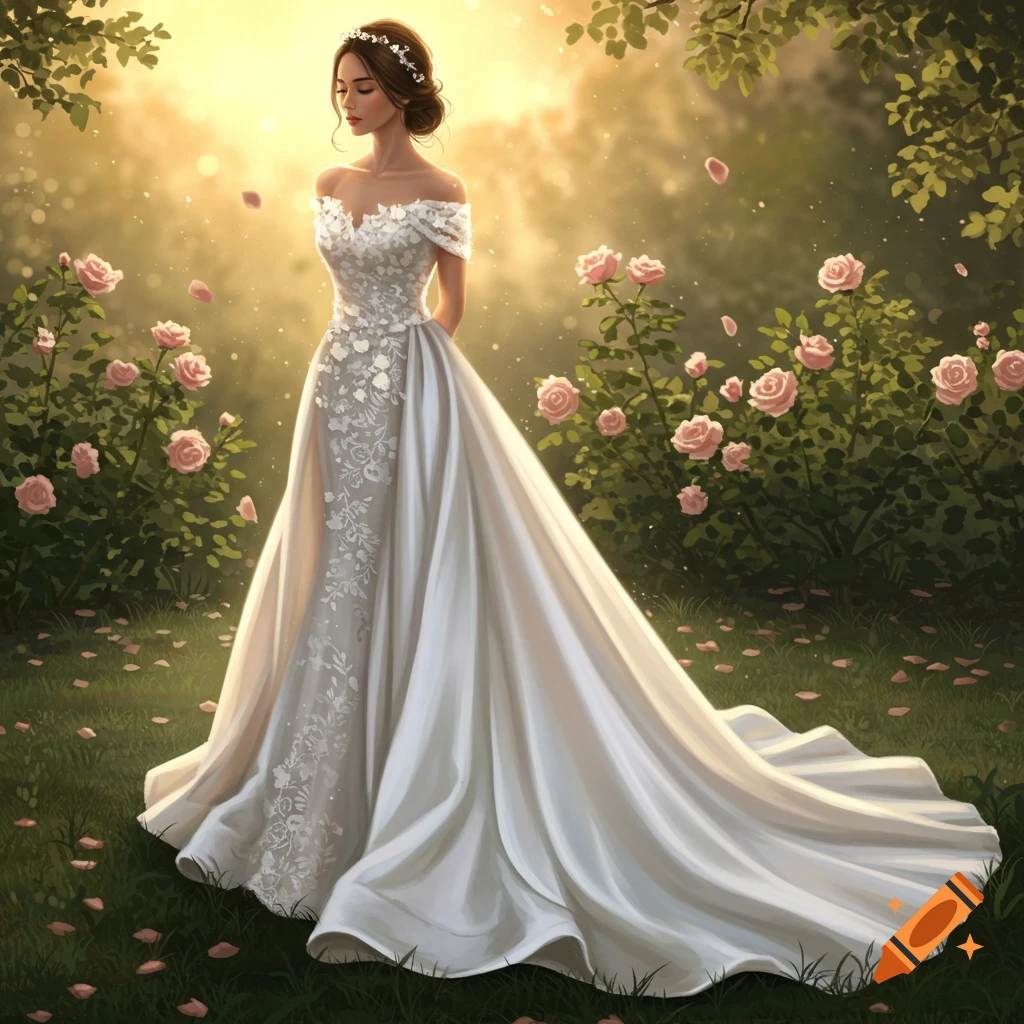A woman in a flowing white wedding dress with lace details and a long train stands in a lush rose garden bathed in warm, ethereal light.