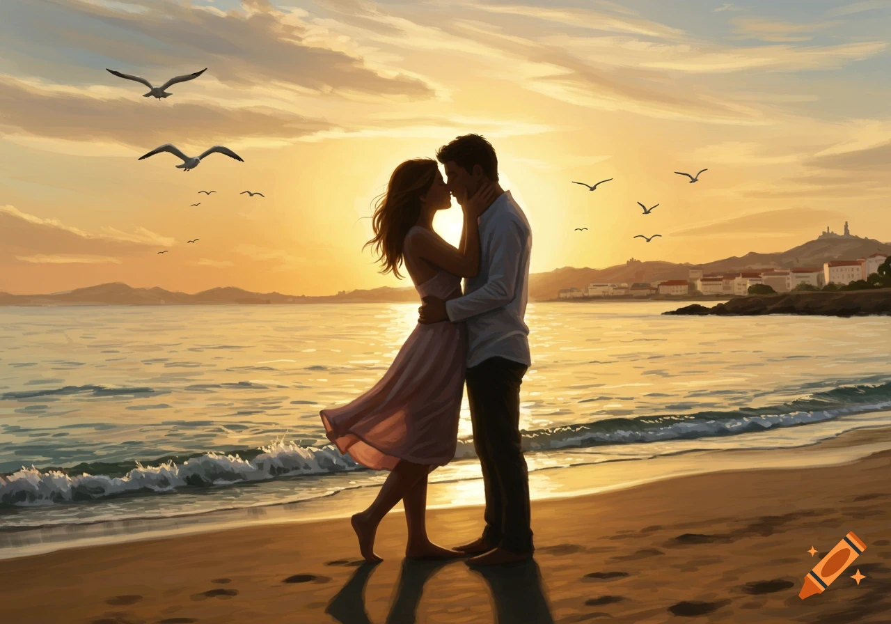 A couple embraces on a golden beach at sunset with seagulls flying over the ocean and a distant town, in an illustrative style.