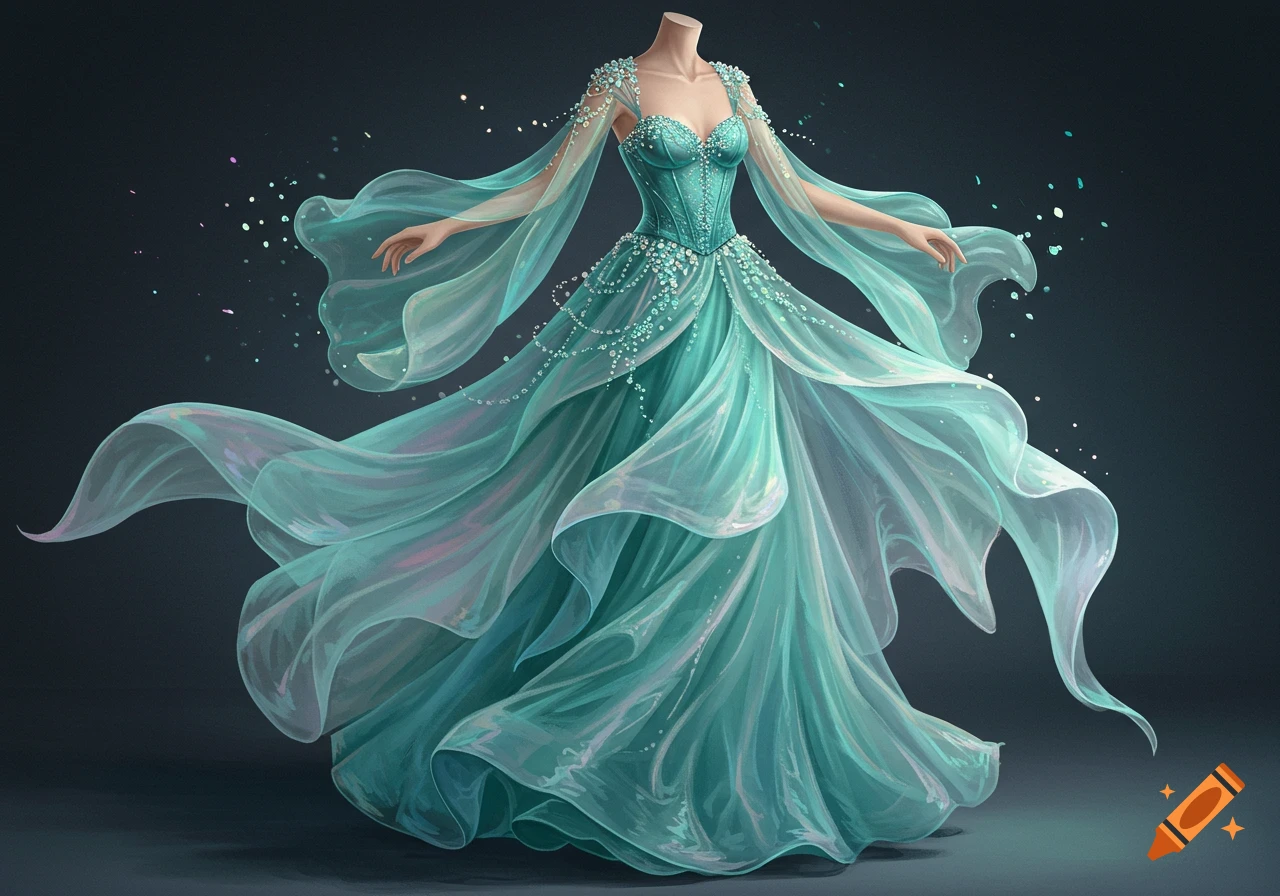 An ethereal turquoise gown with flowing sheer fabric and glittering embellishments on a headless mannequin against a dark background.