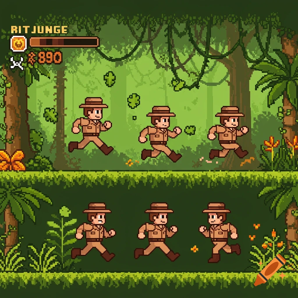 Pixel art character sheet for an 8-bit jungle video game, showing six sprites of a man in a safari outfit running.