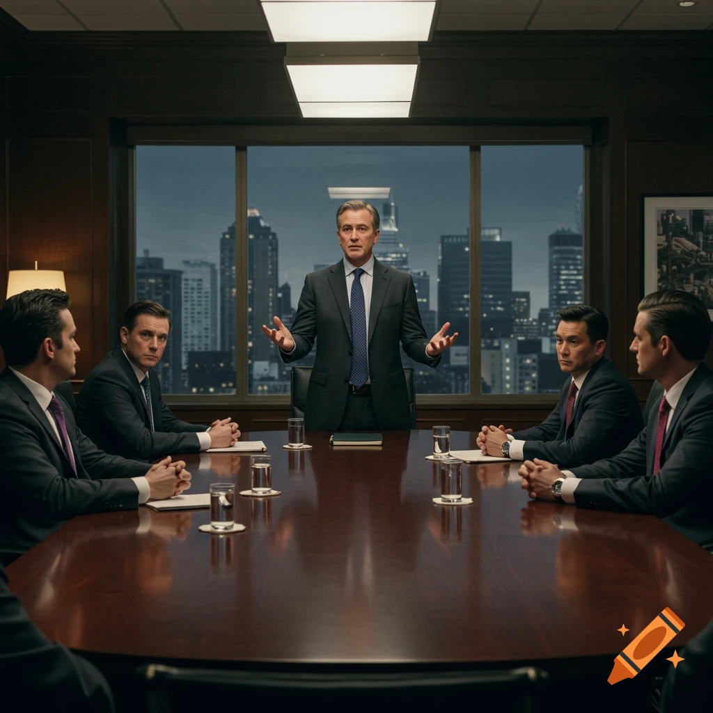 Photorealistic image of a man in a suit speaking at a large conference table to other businessmen in a meeting room.