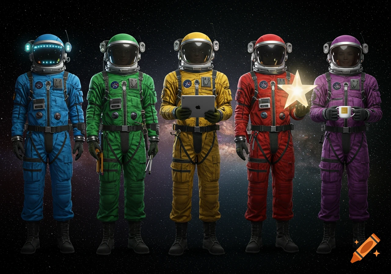 Five astronauts in colorful space suits stand in a row against a starry galaxy background. From left, they are blue, green, yellow, red, and purple.