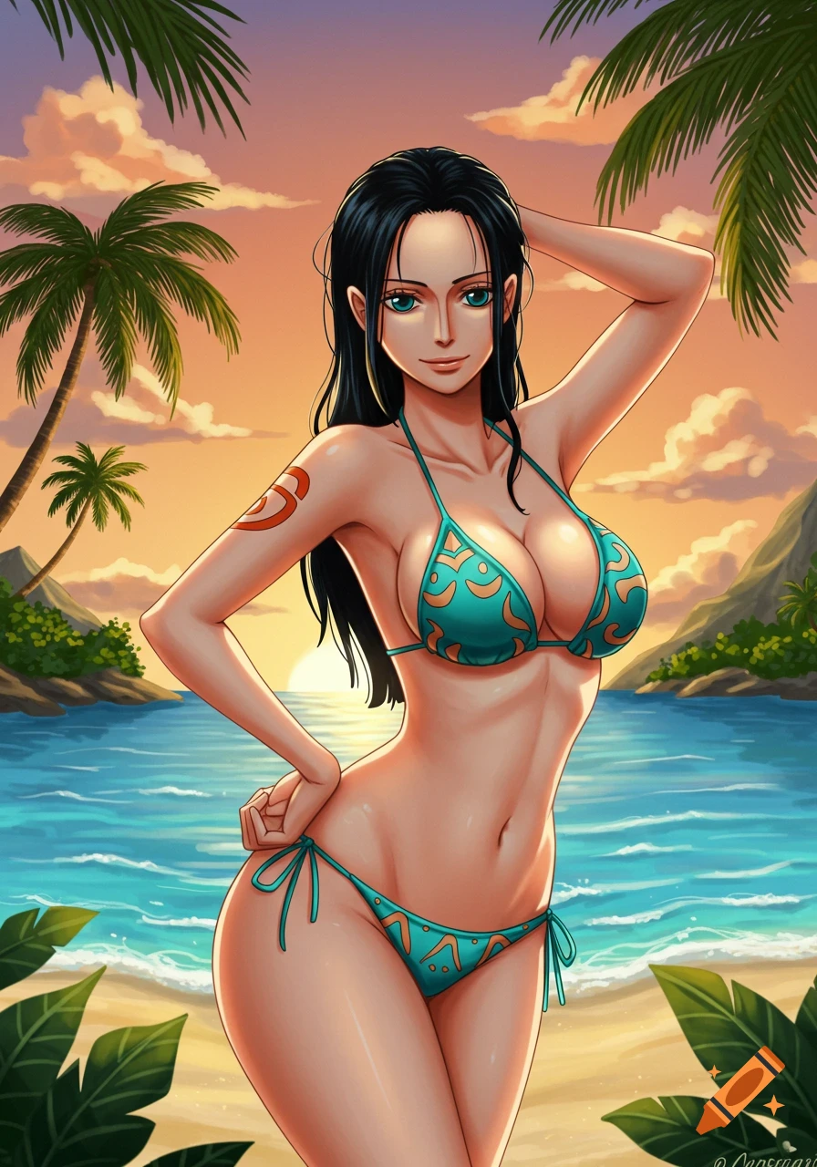 An anime-style woman with long dark hair, wearing a teal bikini, poses on a sandy beach with palm trees and an ocean sunset in the background.