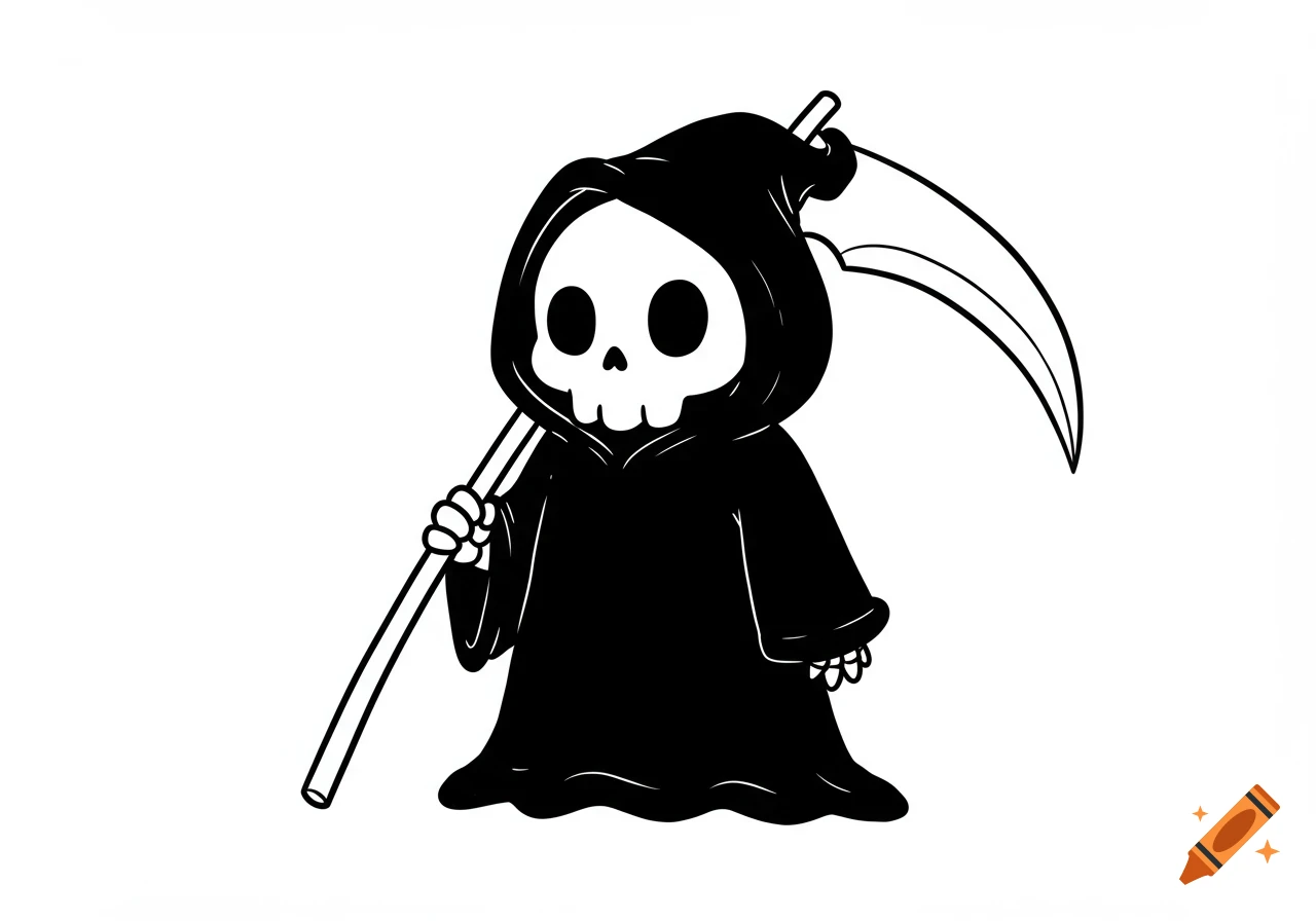 A cute, black and white minimalist cartoon of a grim reaper holding a scythe.