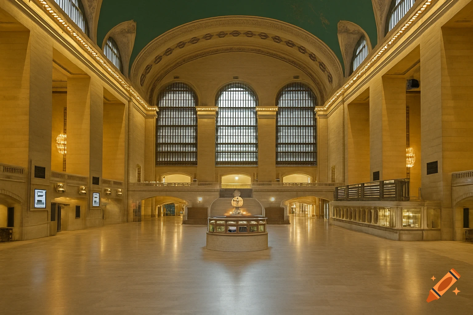 A grand, empty train station hall with high arched ceilings, large windows, ornate pillars, and a central circular booth.