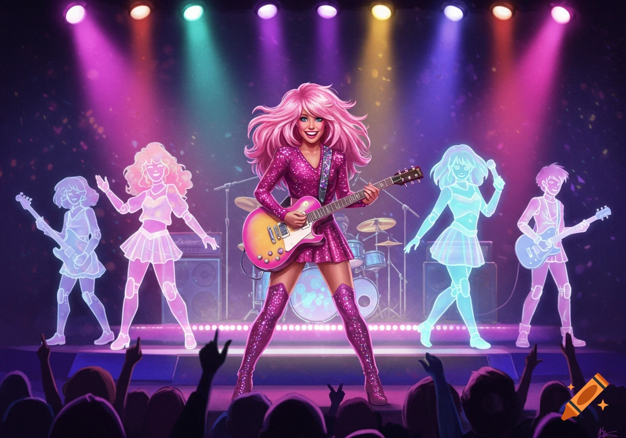 Vibrant animated concert scene with a pink-haired woman playing guitar, flanked by glowing holographic bandmates on stage with colorful spotlights.