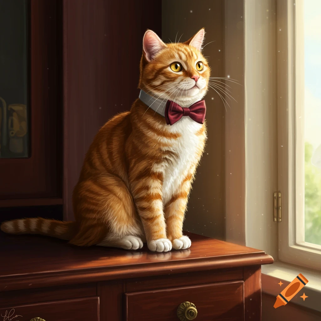 An orange tabby cat with white paws and yellow eyes wears a red bow tie, sitting on a wooden dresser by a sunlit window.