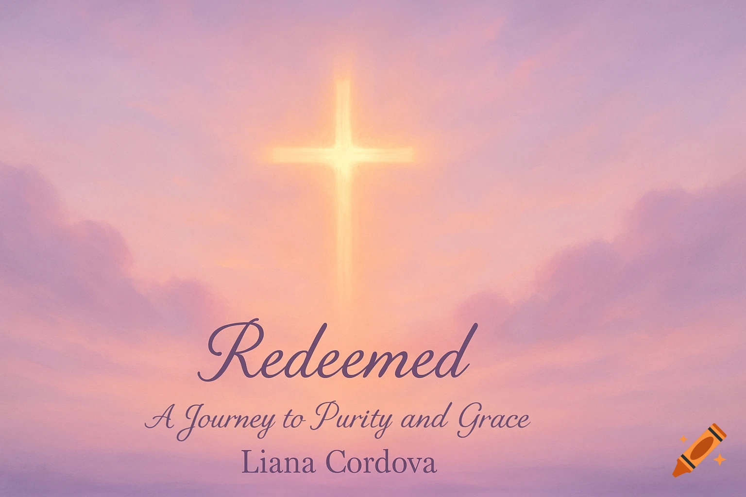 Soft pastel sunrise sky with a glowing cross and clouds. Text reads 'Redeemed: A Journey to Purity and Grace by Liana Cordova'.