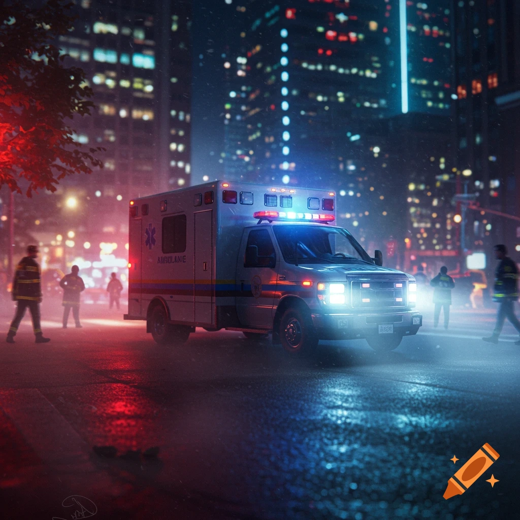 Photorealistic image of an ambulance with flashing lights on a wet city street at night, with blurred figures and buildings.