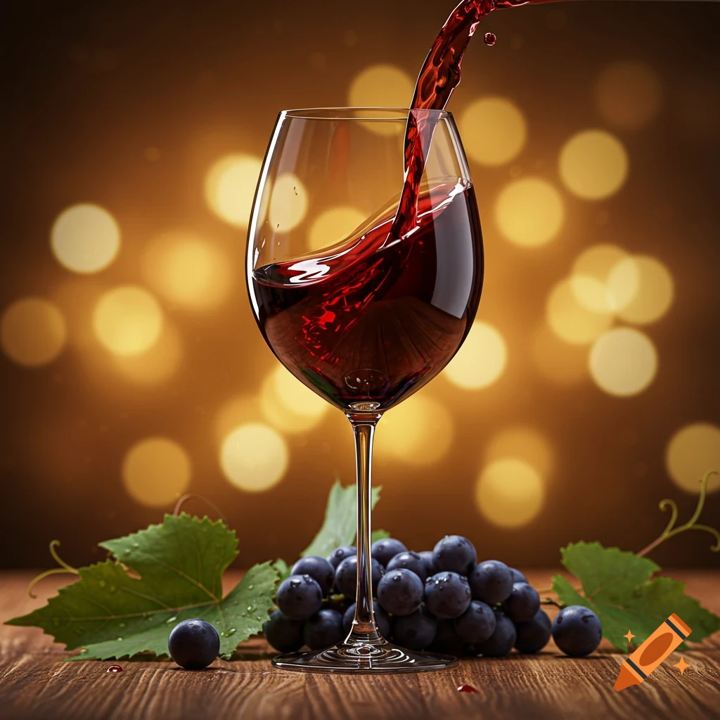 Red wine pouring into a glass, with grapes and green leaves on a wooden surface, against a warm bokeh background.