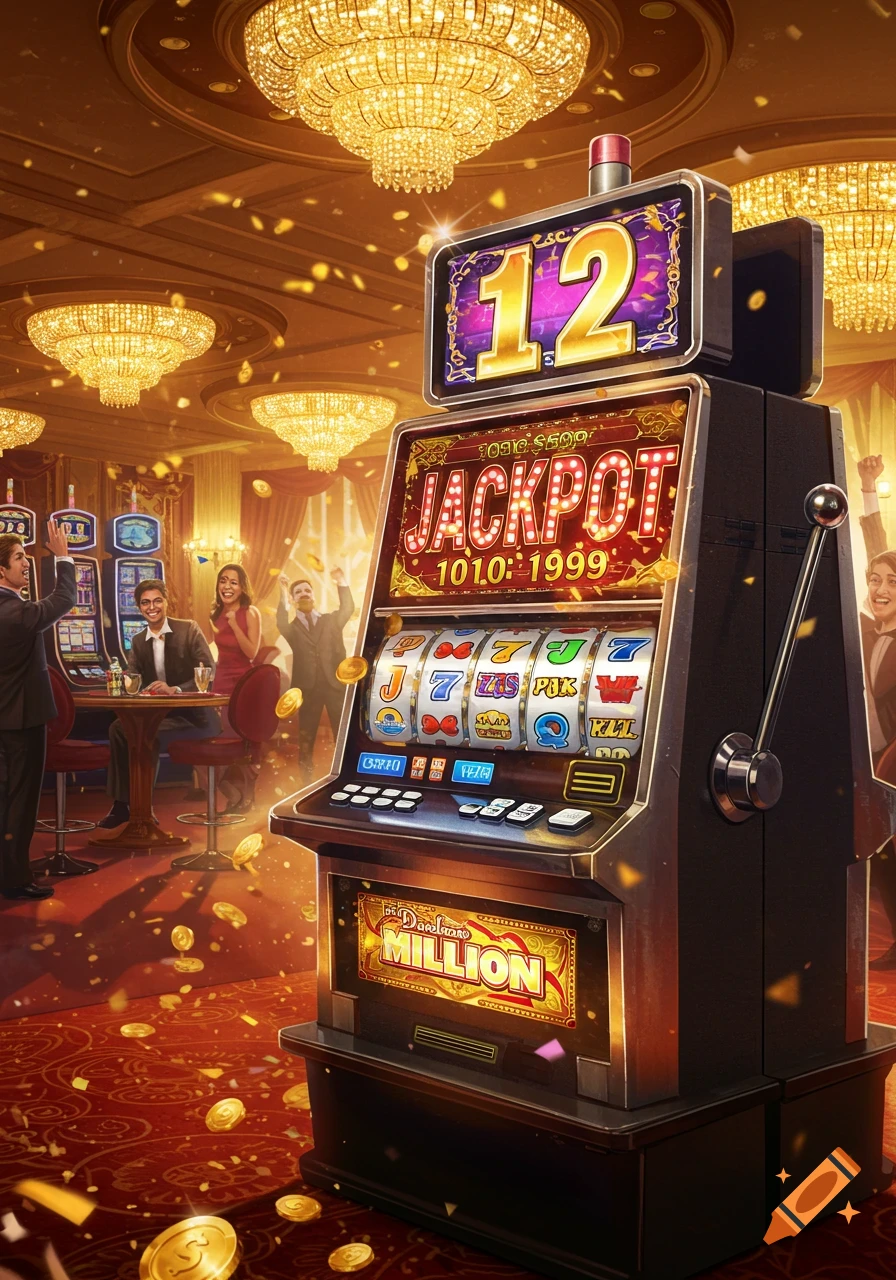 A vibrant casino scene with a large slot machine in the foreground, displaying "12" and "JACKPOT." Golden coins fall around celebrating people.