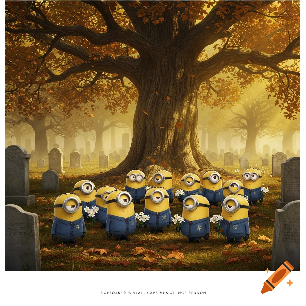 A group of Minions in blue suits hold white flowers, gathered under a large autumn tree in a misty cemetery.