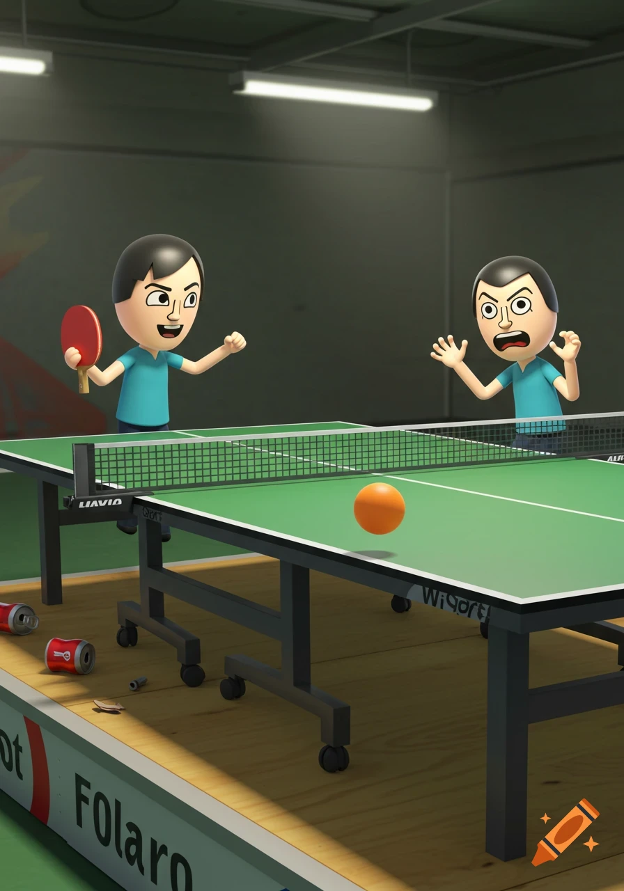 Two Mii-style characters playing intense ping pong on a green table, one looking victorious and the other frustrated, in a cartoon style.