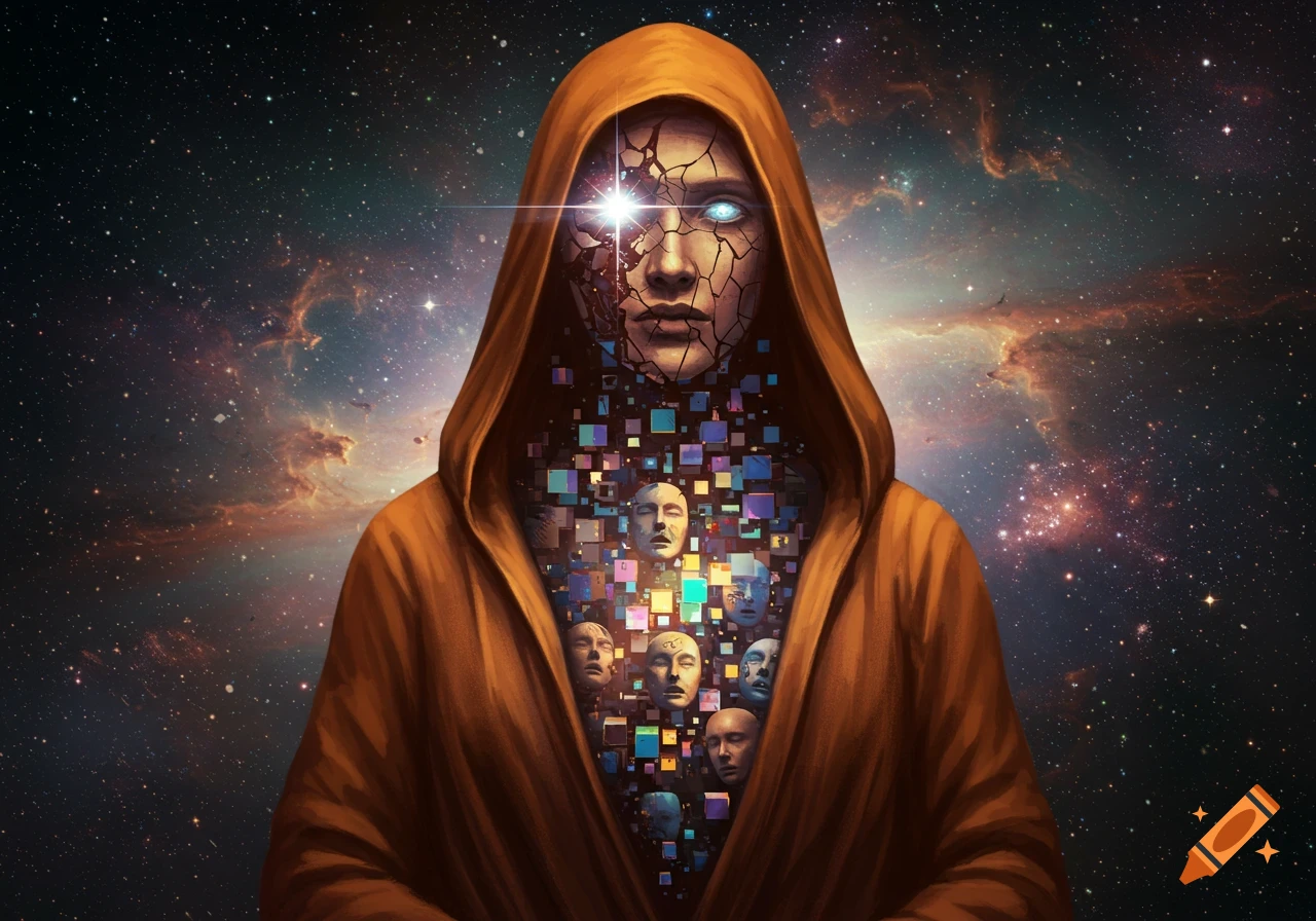 A surreal, hooded figure with a cracked face and glowing eye, whose body fragments into colorful cubes and smaller faces against a starry nebula background.